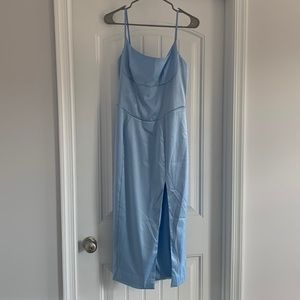 Baby blue silk midi dress with slit. Trendy corset style bodice. Size L (8/10).